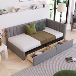 Twin Size Upholstered Daybed With 2 Storage Drawers, Sofa Bed Frame No Box Spring Needed - Gray