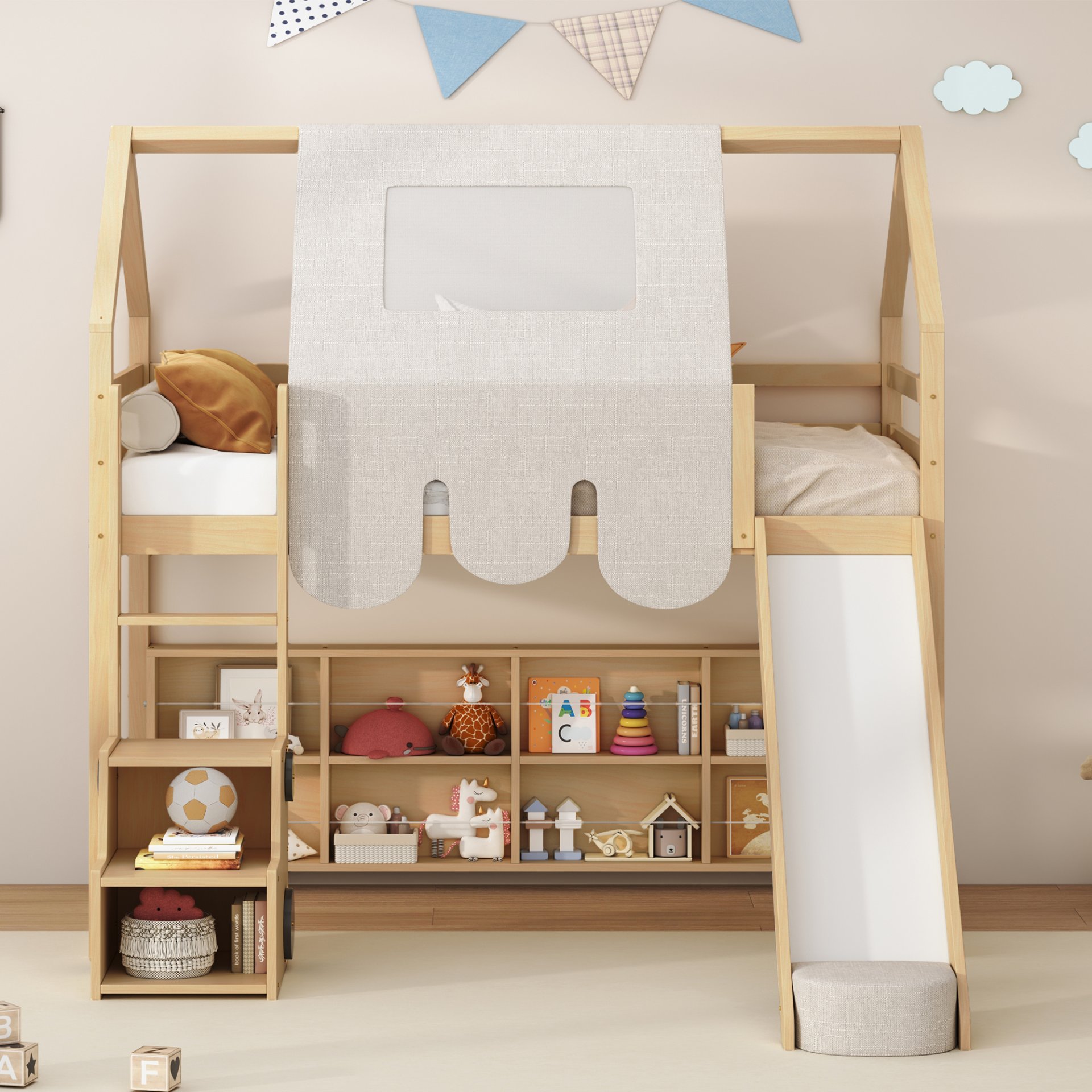Twin Size Loft Bed With House Shaped Frame And Tent - Natural / Beige - Image 4