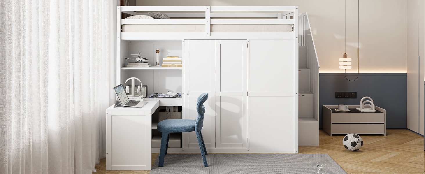 Full Size Loft Bed With Wardrobe, Desk And Shelves - White - Image 17