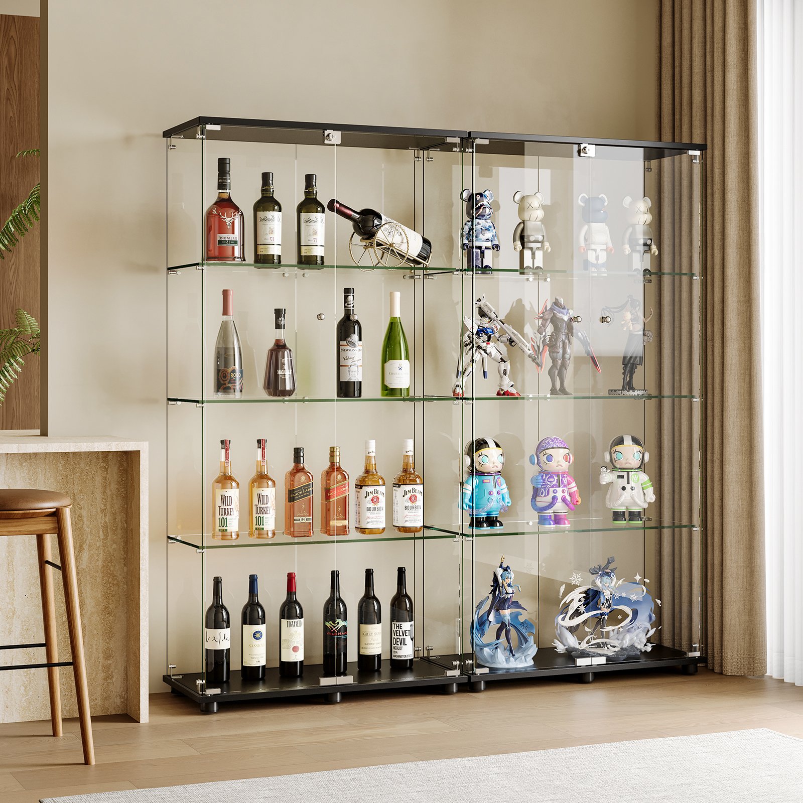 Modern Glass Display Cabinet With 4 Shelf Double Doors And Lock, Tempered Glass Bookshelf For Living Room - Black - Image 7