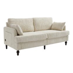 Modern Style Chenille 2 Seater Sofa With LED Light, USB Port, Storage Bag, Wood Legs - Beige