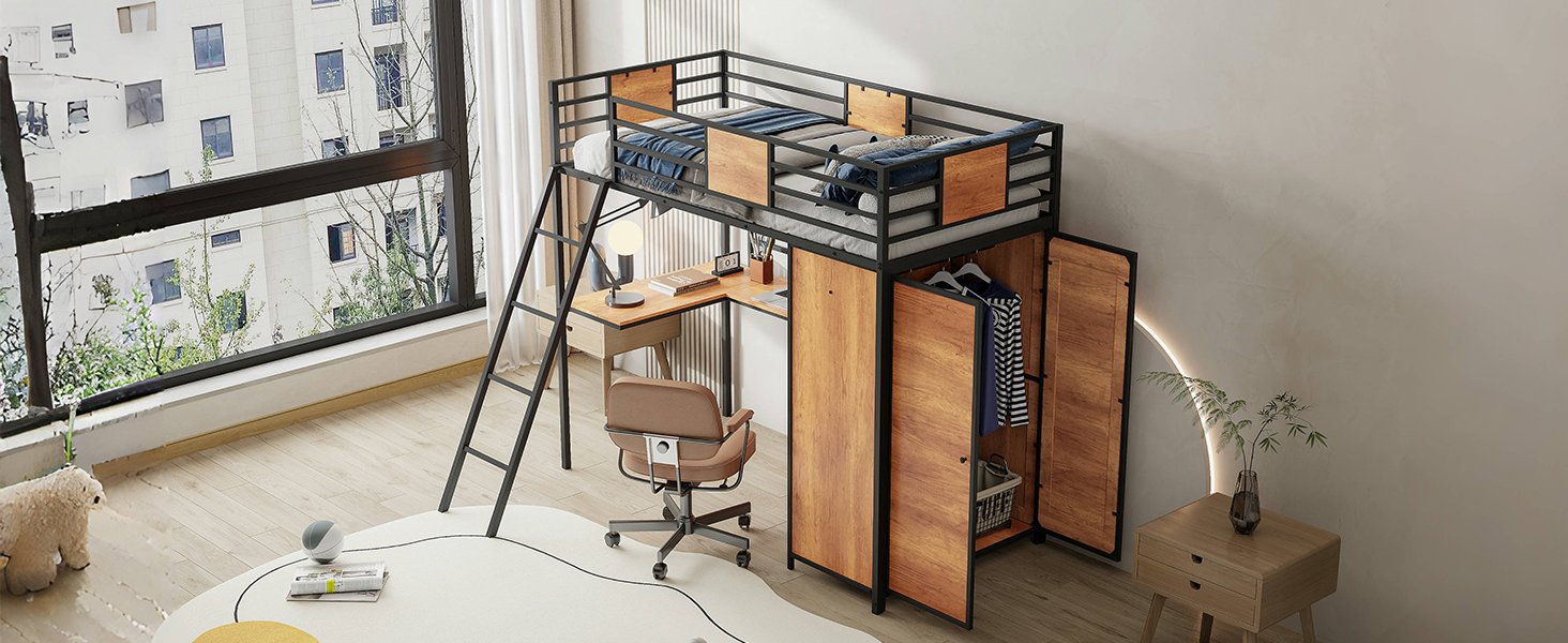 Twin Size Loft Bed With L Shape Desk And Wardrobe - Black - Image 25