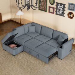 Sleeper Sectional Sofa, L-Shape Corner Couch Sofa - Bed With Storage Ottoman & Hidden Arm Storage & USB Charge For Living Room Apartment - Dark Gray