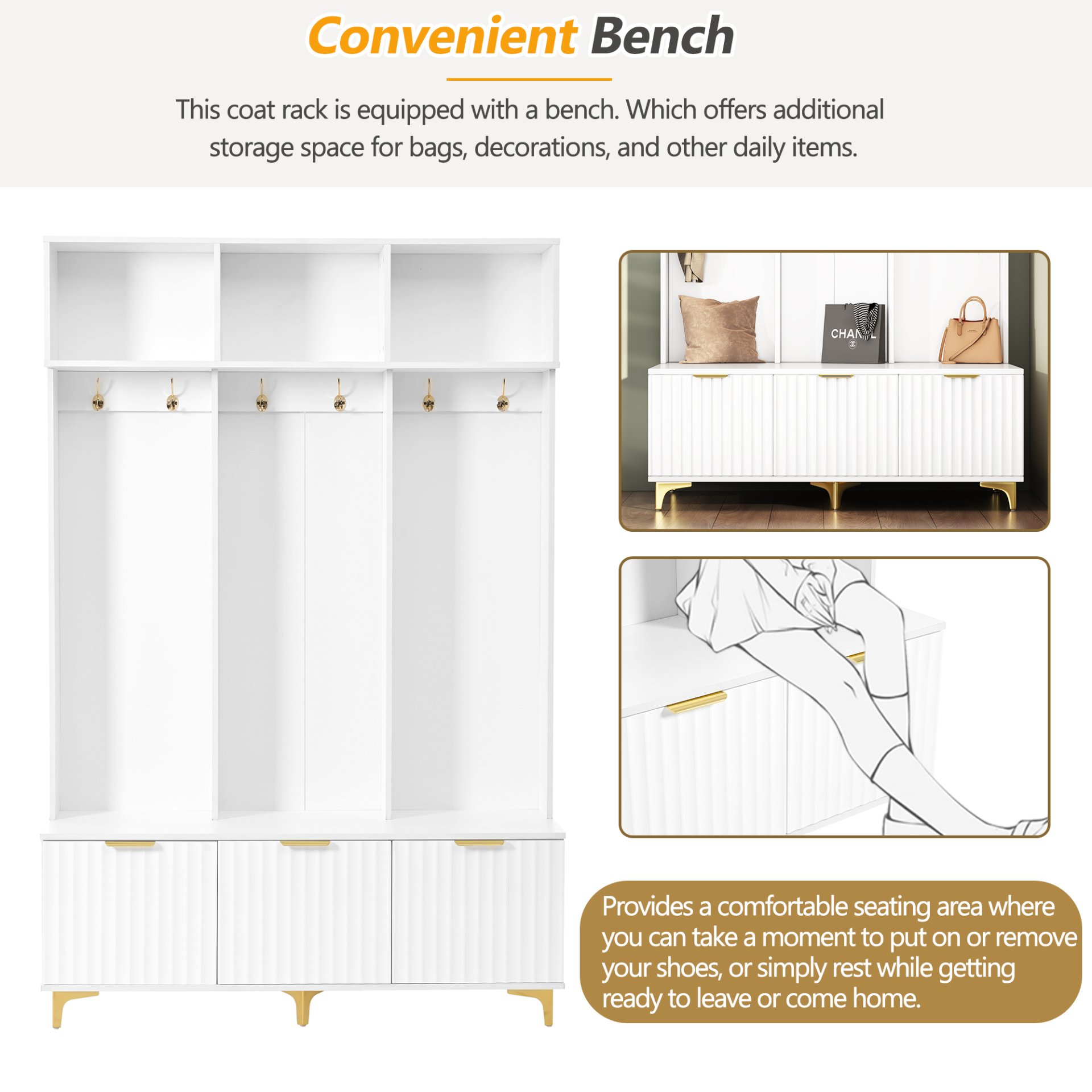 Modern Large Storage Hall Tree With Bench, Luxurious Coat Rack With 6 Hooks And Legs For Entryway, Living Room - White / Gold - Image 6