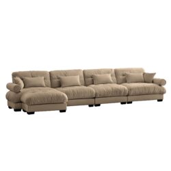 Modern Velvet L Shaped Sectional Cloud Sofa Convertible 4 Seater Couch & Waist Pillows - Camel