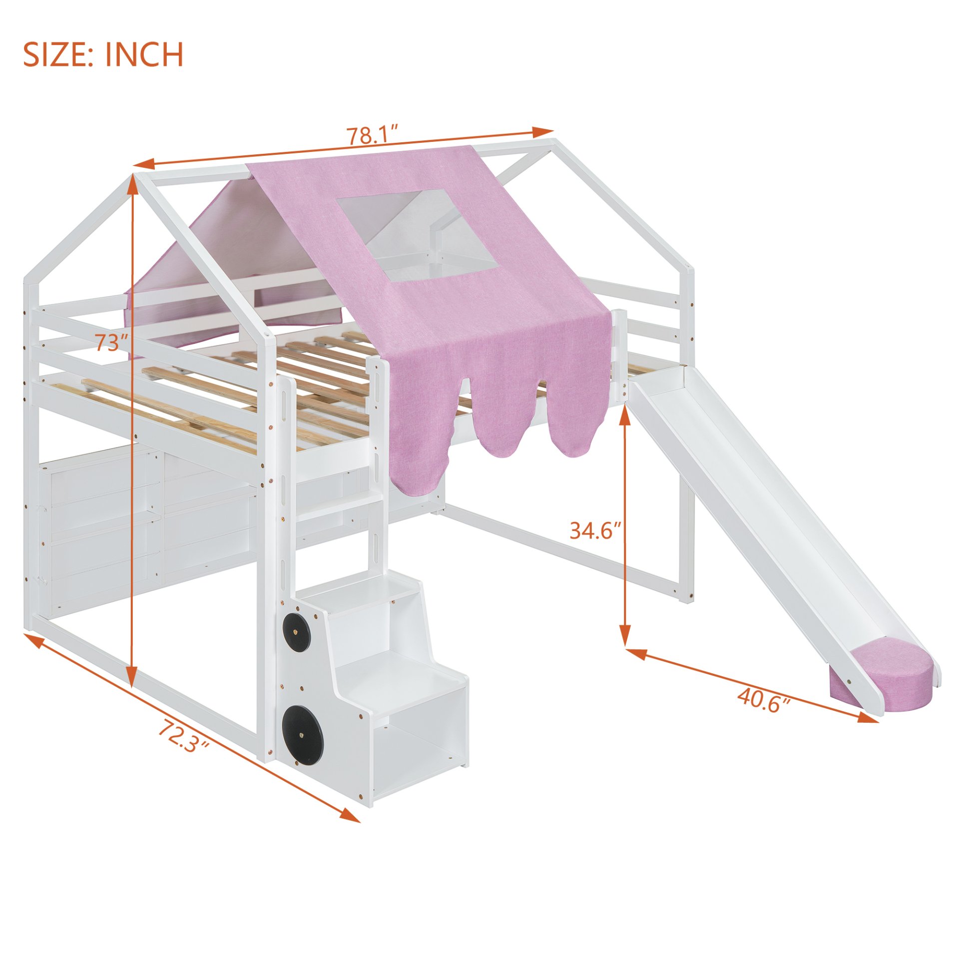 Full Size Loft Bed With House Shaped Frame And Tent - White / Pink - Image 3