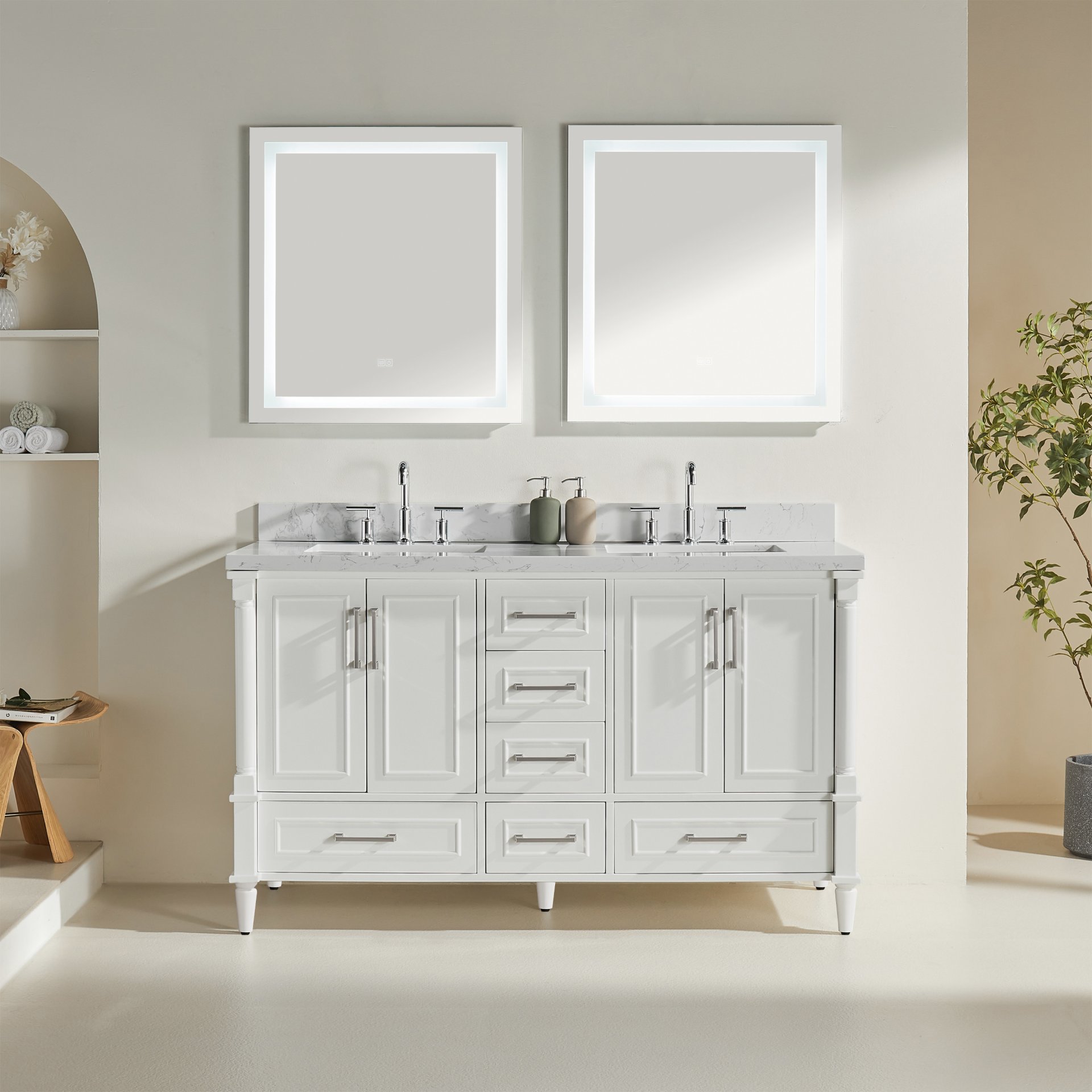 Freestanding Double Bathroom Vanity With Extra Black Handles - White - Image 2