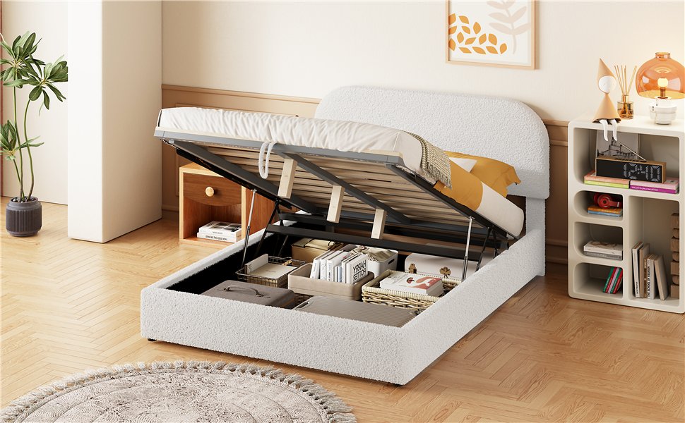 Full Size Upholstered Platform Bed With Hydraulic Storage System - White - Image 16