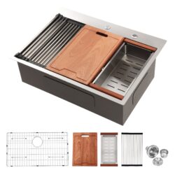 30" Drop In Kitchen Sink With Workstation Features, 16 Gauge Stainless Steel - Black / Gray