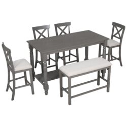 Elegant 6 Piece Counter Height Dining Table Set With Shelf, 4 Chairs And Bench - Gray