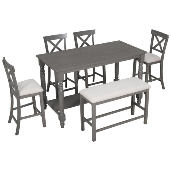 Elegant 6 Piece Counter Height Dining Table Set With Shelf, 4 Chairs And Bench - Gray