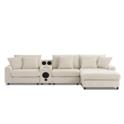 Sectional With Bluetooth Speakers L Shaped Couch With Console USB Charger, Cup Holders Storage Ottoman Deep And Wide Seat Cloud Sofa - Cream