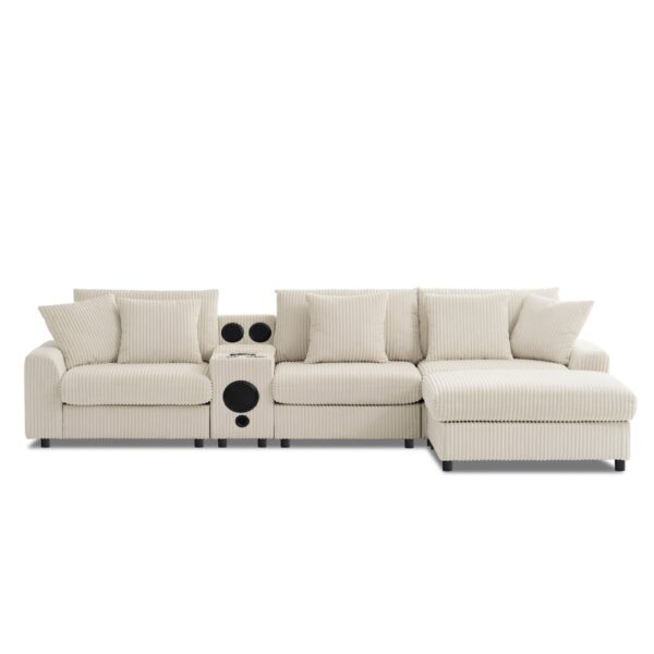 Sectional With Bluetooth Speakers L Shaped Couch With Console USB Charger, Cup Holders Storage Ottoman Deep And Wide Seat Cloud Sofa - Cream