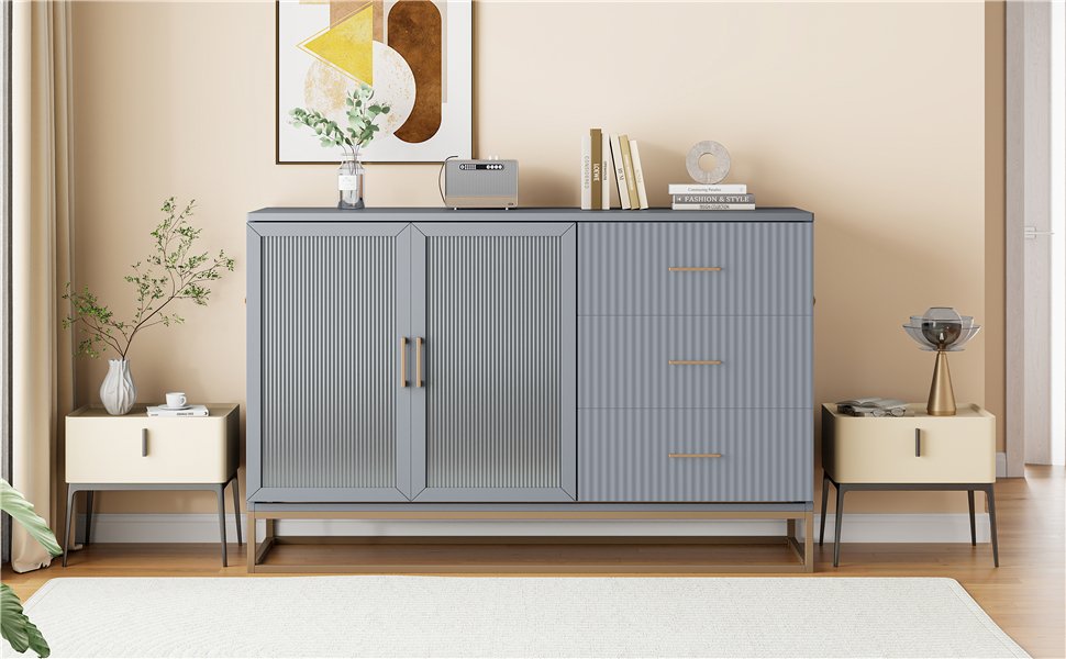 Queen Murphy Bed With Frosted Glass Doors Design, Fake Drawers, Metal Legs - Gray - Image 3