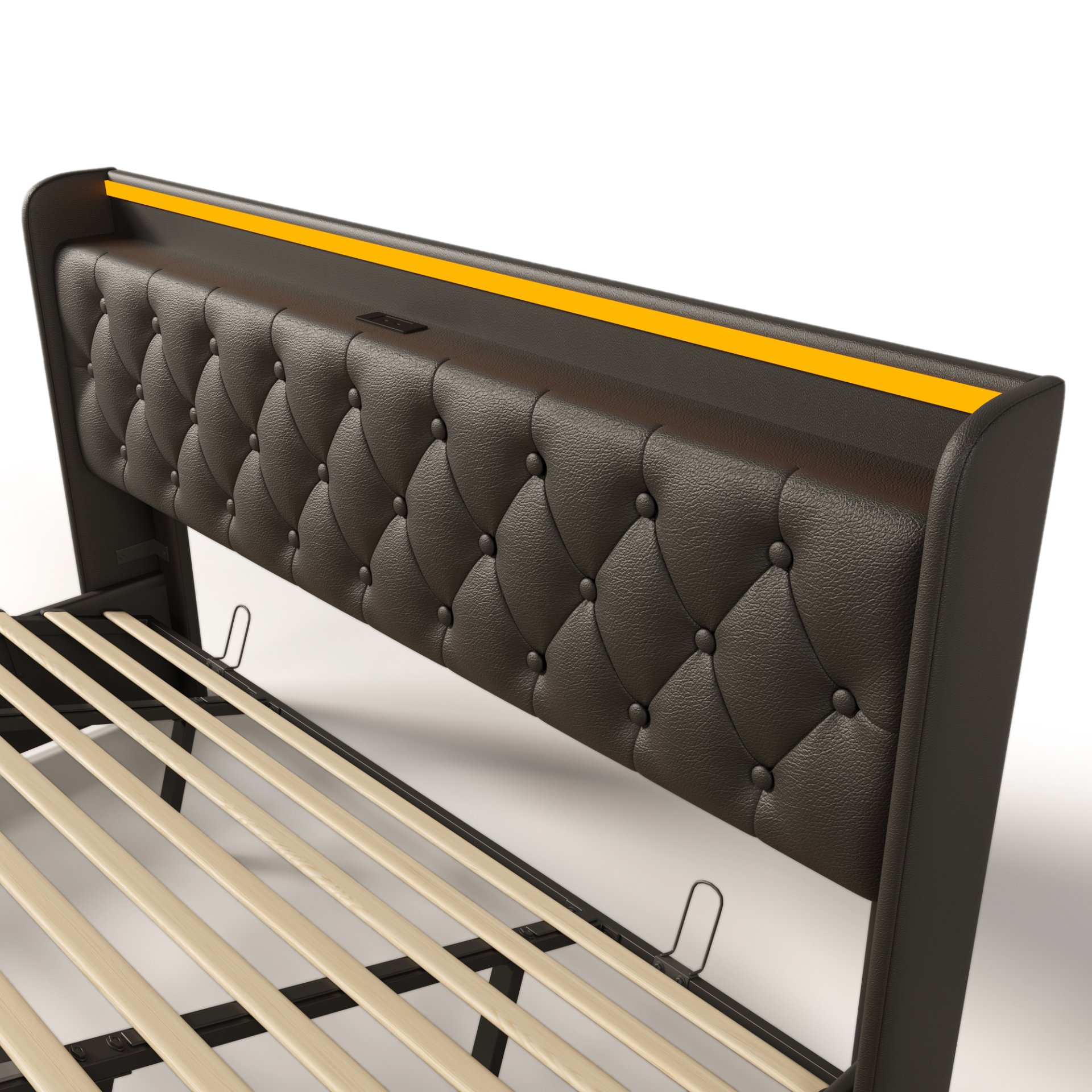 King Size Upholstered Bed, 360 Surround LED Function, Buttons / Apps / Remote Control, Hydraulic Storage Bed With USB Type-C Charging (Without Mattress) - Black - Image 18