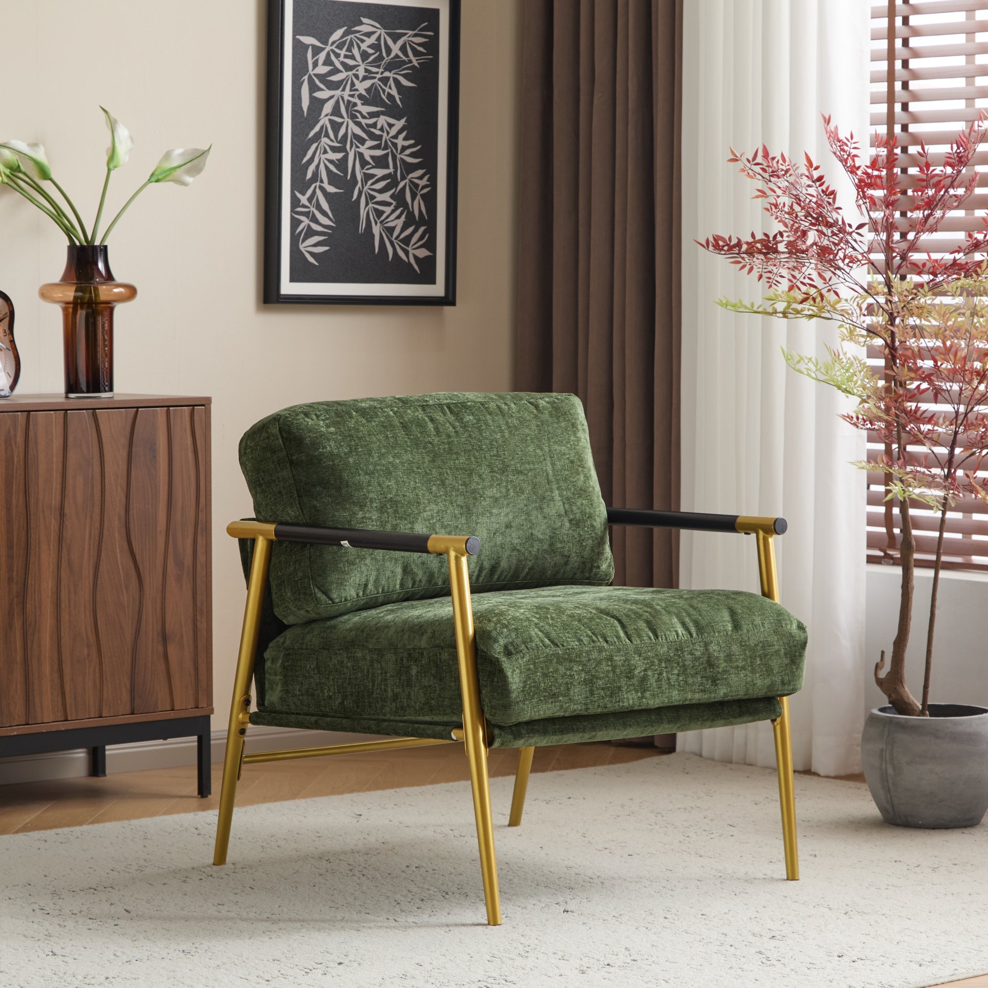 Modern Accent Chair With Plush Cushions, Minimalist Metal Frame, & Wooden Armrest Design - Gold / Green - Image 2