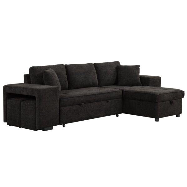 Modern L-Shape 3 Seat Reversible Sectional Couch, Pull Out Sleeper Sofa With Storage Chaise And 2 Stools For Living Room Furniture Set - Charcoal Gray