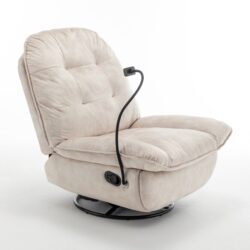 Modern Swivel Gliding Recliner Chair With Rocking Function And Phone Holder - Large Comfortable Reading Chair In Gold Stamped Velvet - Ivory