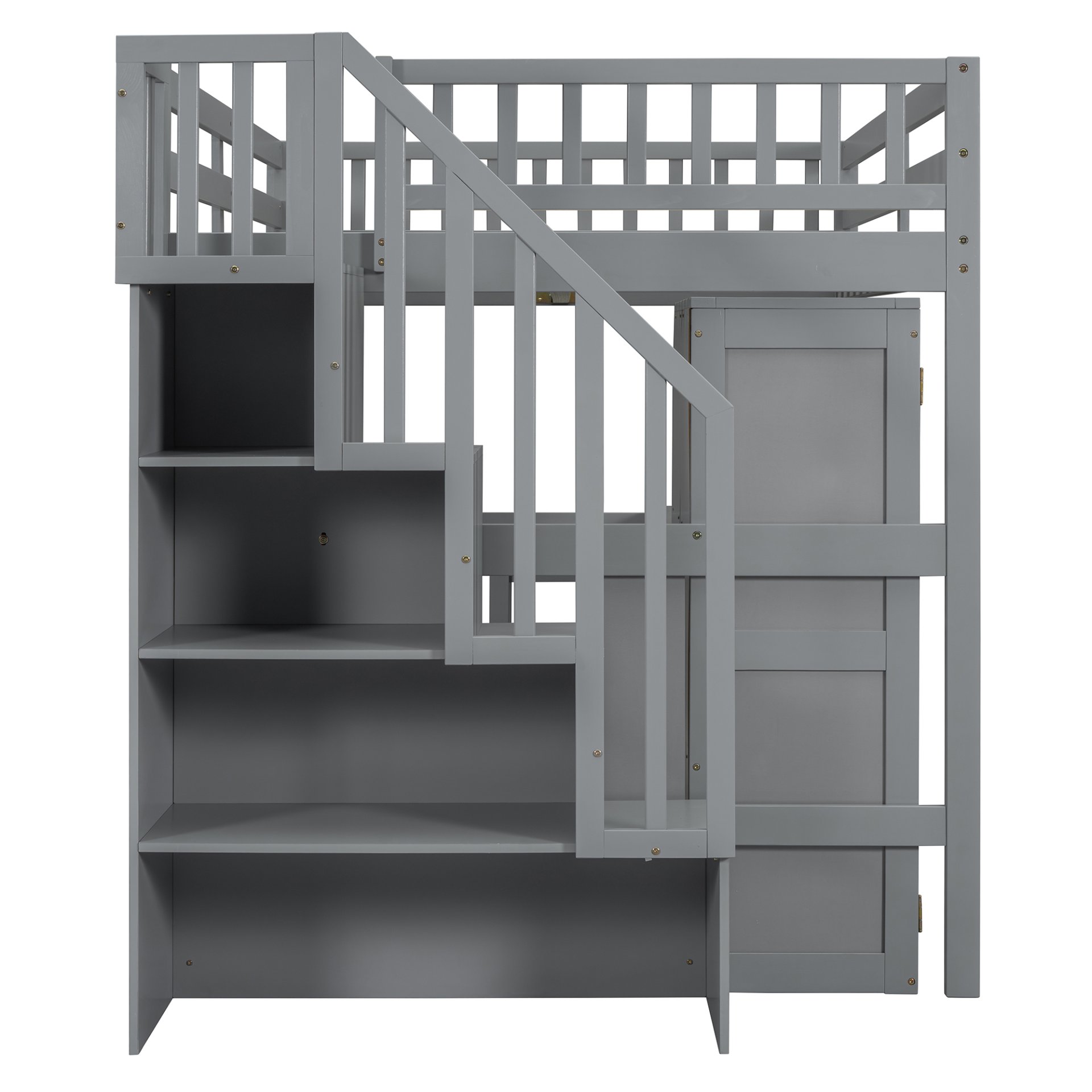 Full Size Loft Bed With Stairs, Bookshelf, Drawers, Desk & Wardrobe, Space Saving Multifunctional Furniture - Gray - Image 9