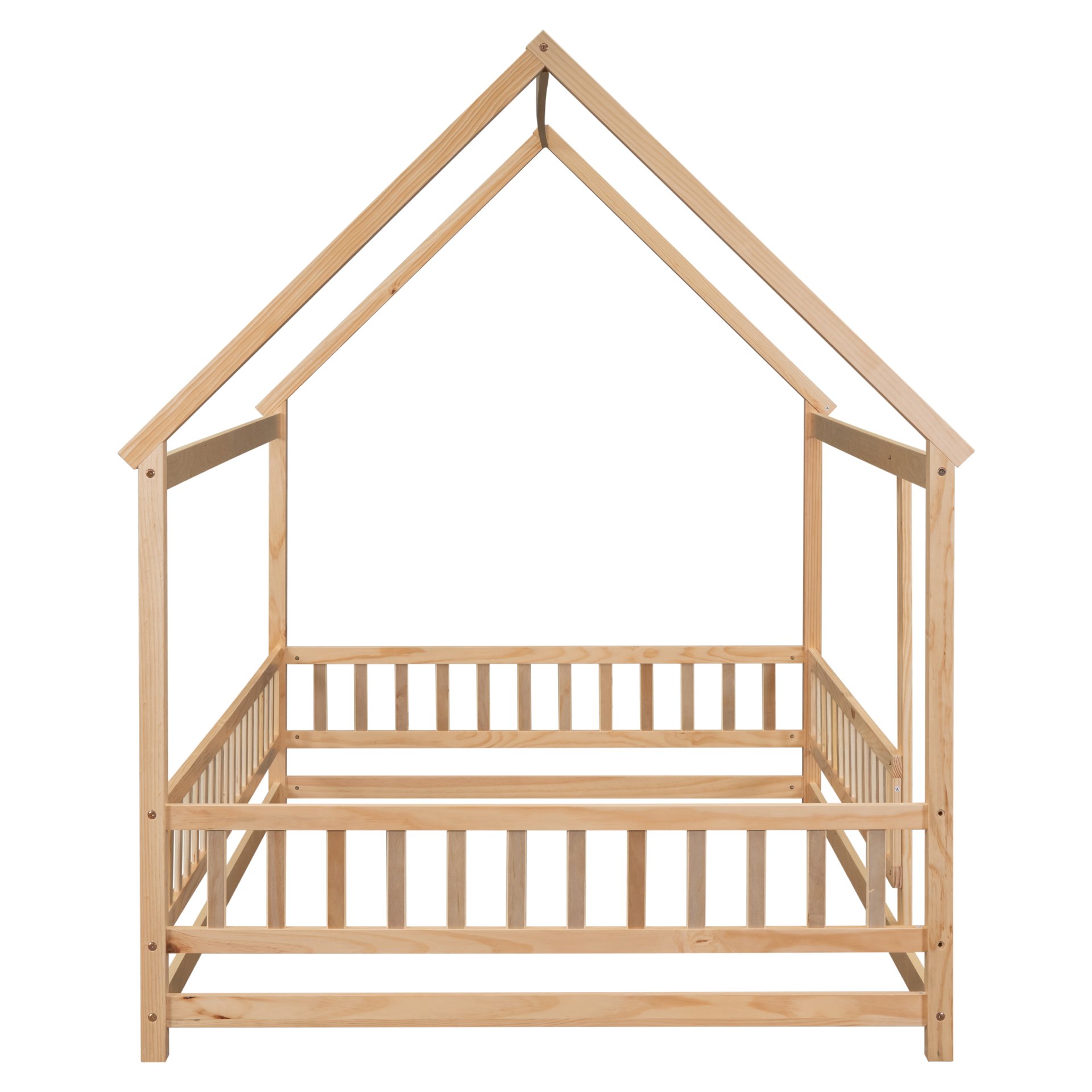 Full Size Floor Wooden Bed With House Roof Frame, Fence Guardrails - Nartural - Image 10