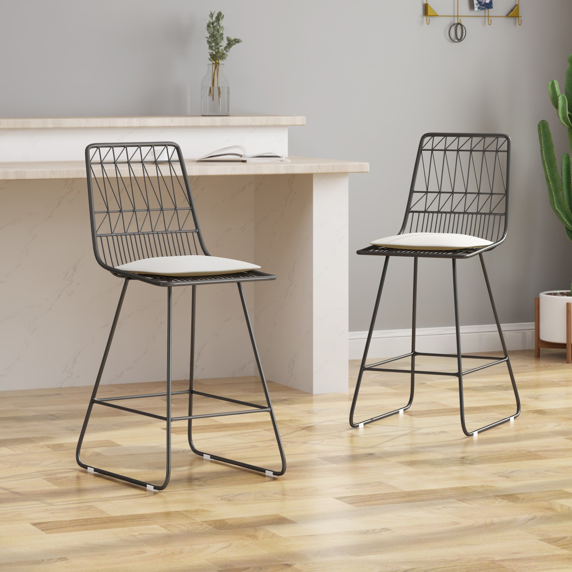 Yearning - Iron Counter Stool With Water Resistant Cushion - Gray / Ivory - Image 2