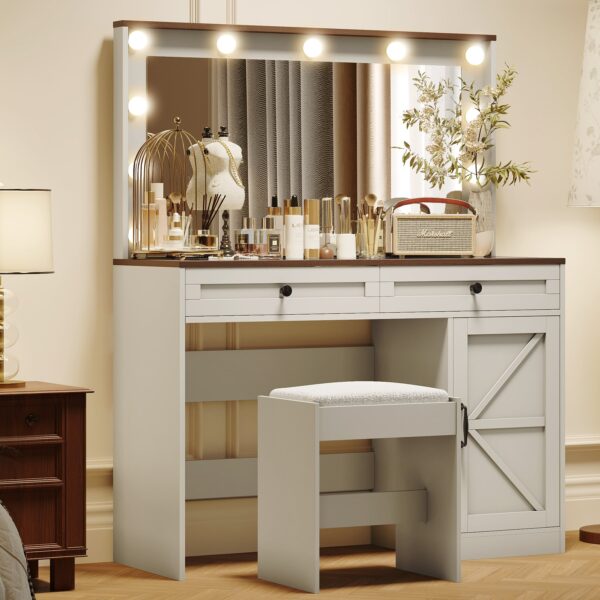 Makeup Vanity Table, Makeup Table With Large Mirror And 11 LED Light, Brightness Adjustable, Dressing Table Desk With 3 Drawers, Vanity Desk For Women (With Stool) - White