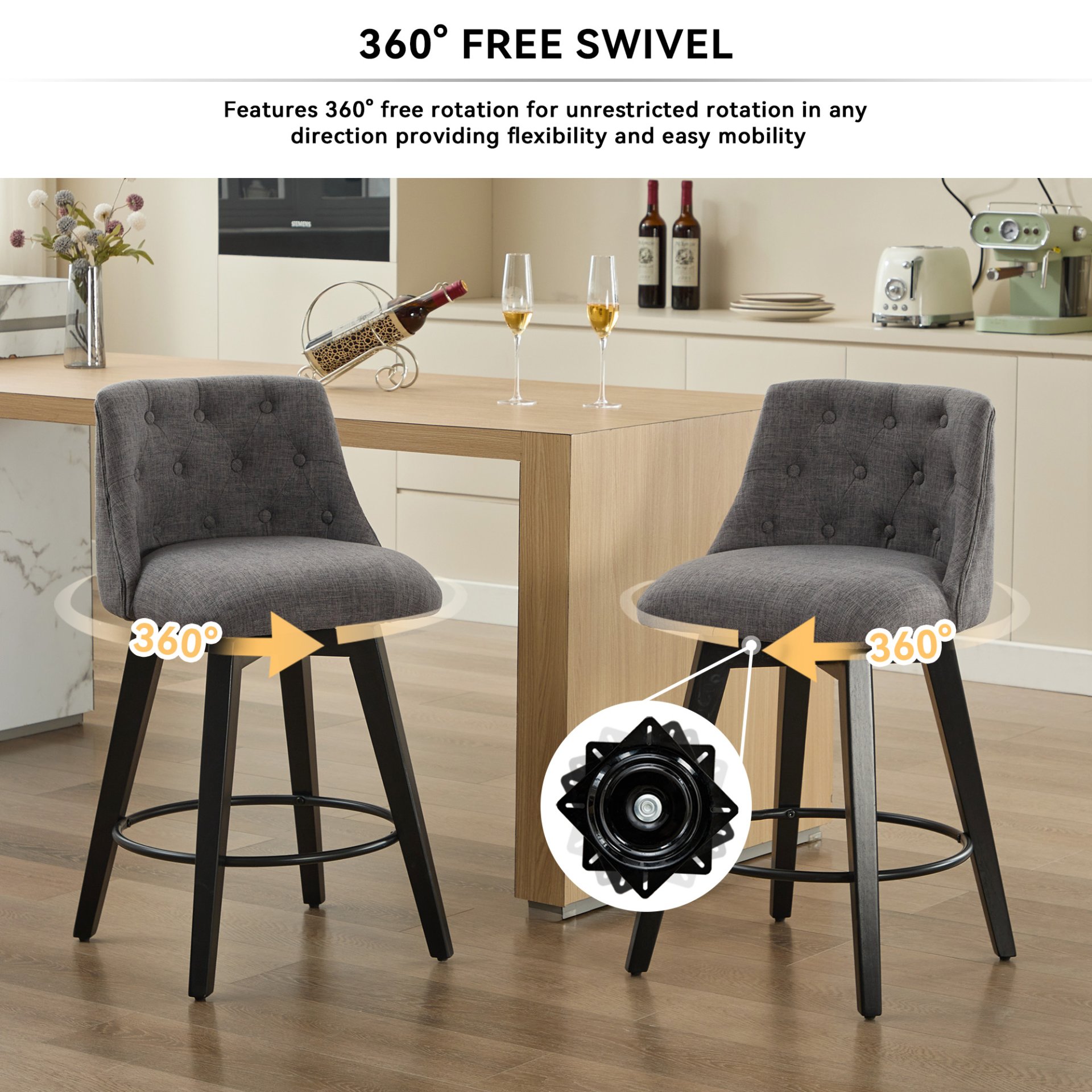 Swivel Bar Stools (Set of 2) Modern Counter Height Stools With Linen Upholstery & Button Tufted Back For Kitchen Island, Breakfast Bar Or Home Pub - Dark Gray - Image 4