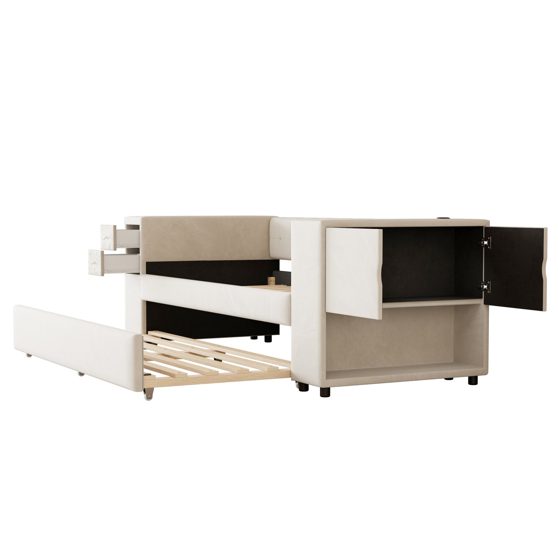 Twin Upholstered Bed With Storage And Twin Trundle, USB Charging Ports - Beige - Image 10