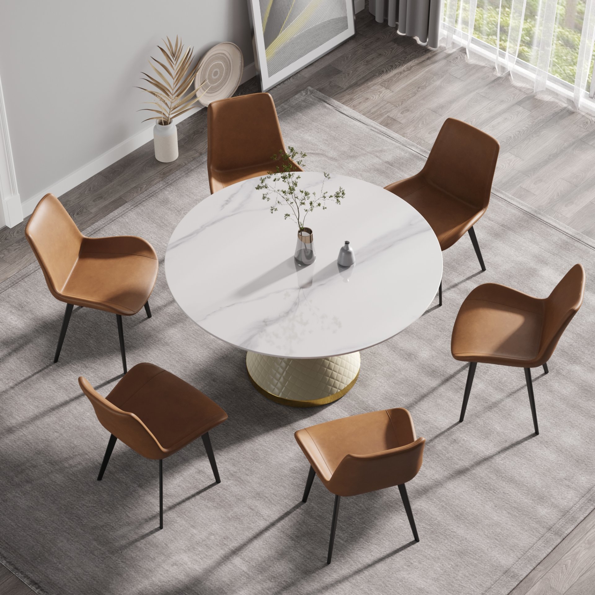 53.15" Modern Artificial Stone Round Carbon Steel Base Dining Table, Can Accommodate 6 People - White - Image 4