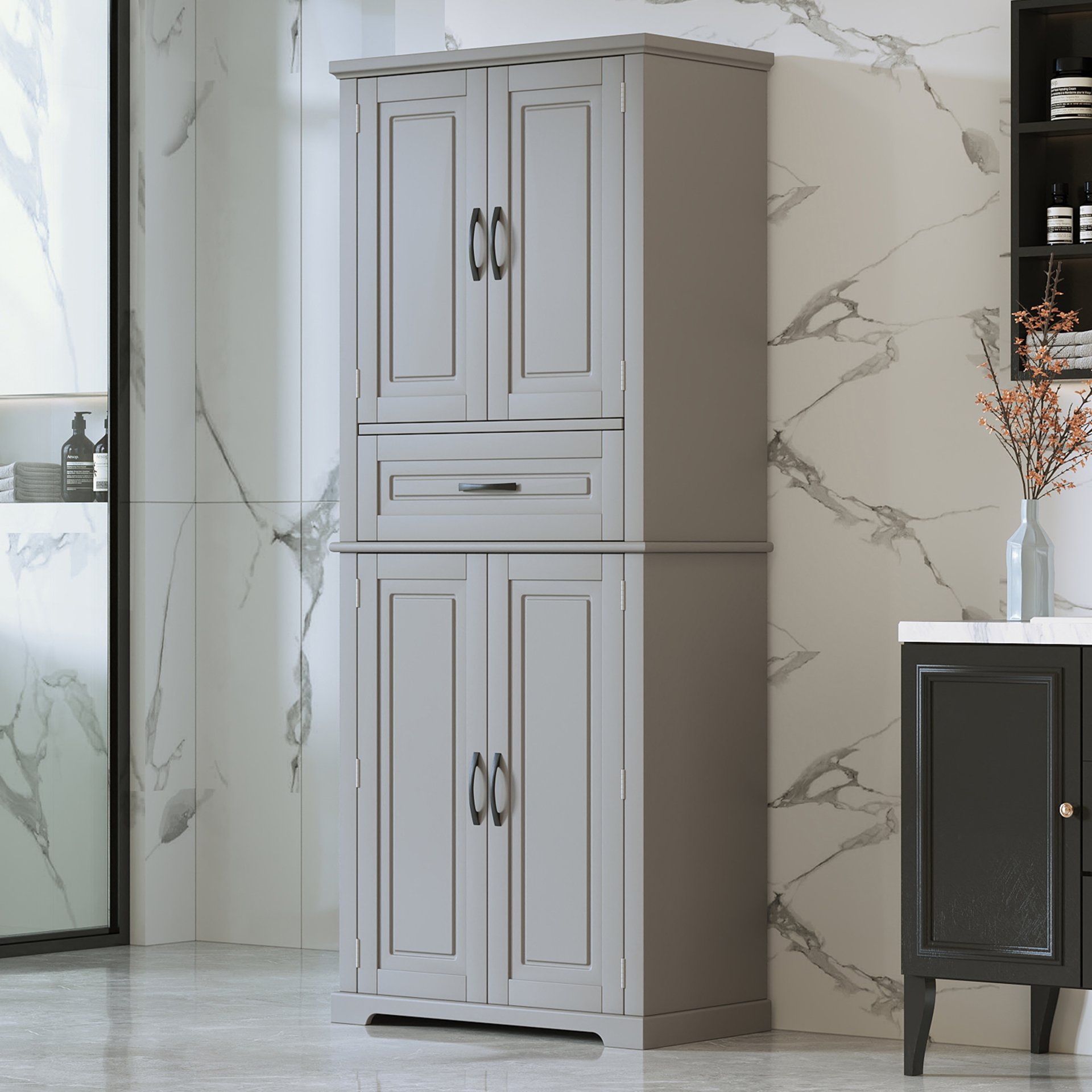 Bathroom Storage Cabinet With Multi Functional Storage Space, Material, Adjustable Shelf, Slide Rail Drawer - Gray - Image 4