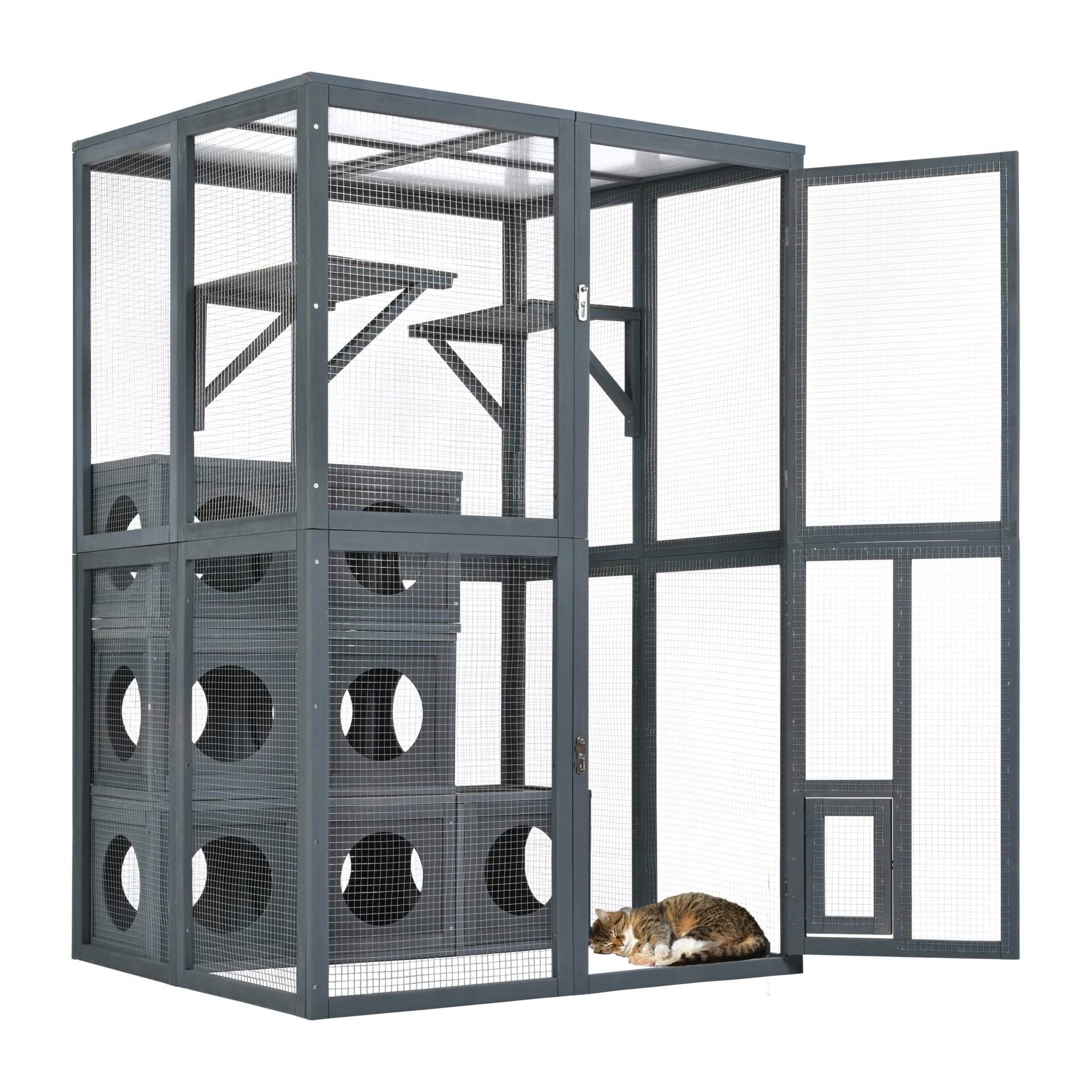 Outdoor Cat House With Shelves And Weather Protection, Removable Wood Boxes - Gray - Image 8