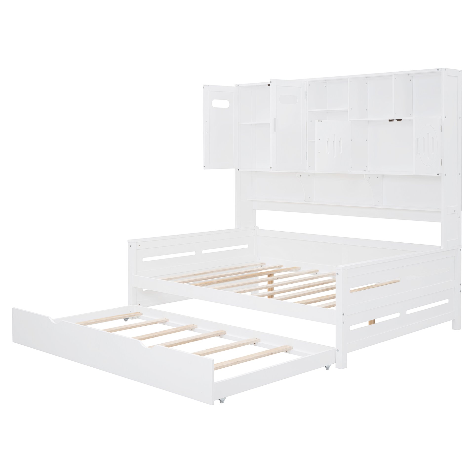 Full Size Wooden Daybed With Twin Size Trundle, And All In One Cabinet And Shelf - White - Image 7