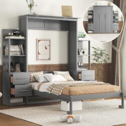 Full Size Murphy Wall Bed & Shelves, Drawers And LED Lights - Gray