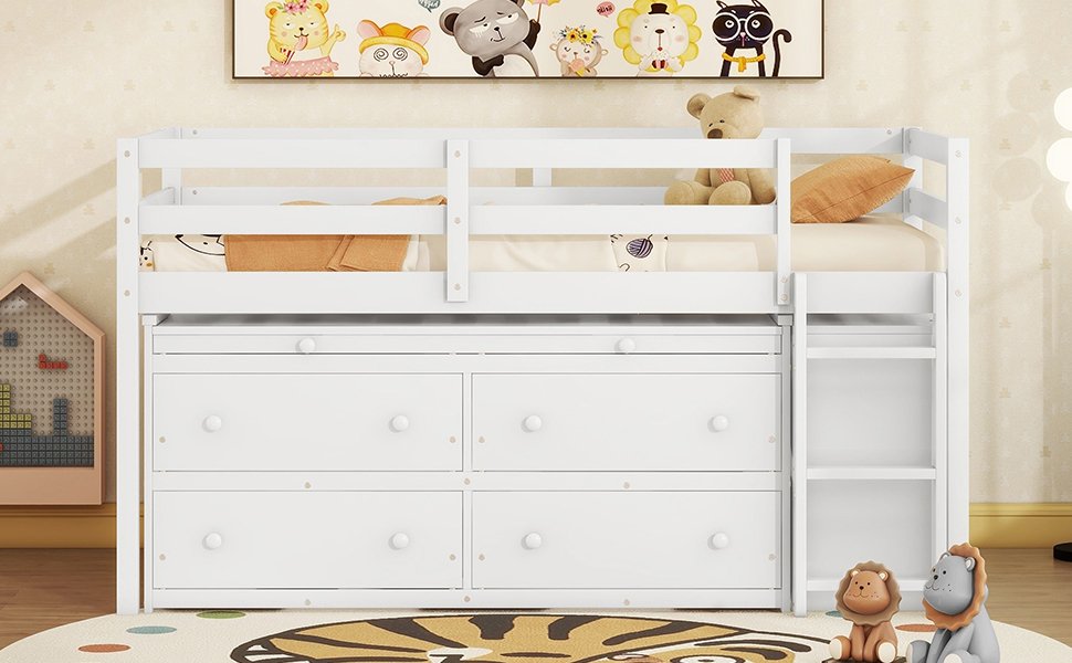 Twin Size Loft Bed With Retractable Writing Desk And 4 Drawers, With Lateral Portable Desk And Shelves - White - Image 21