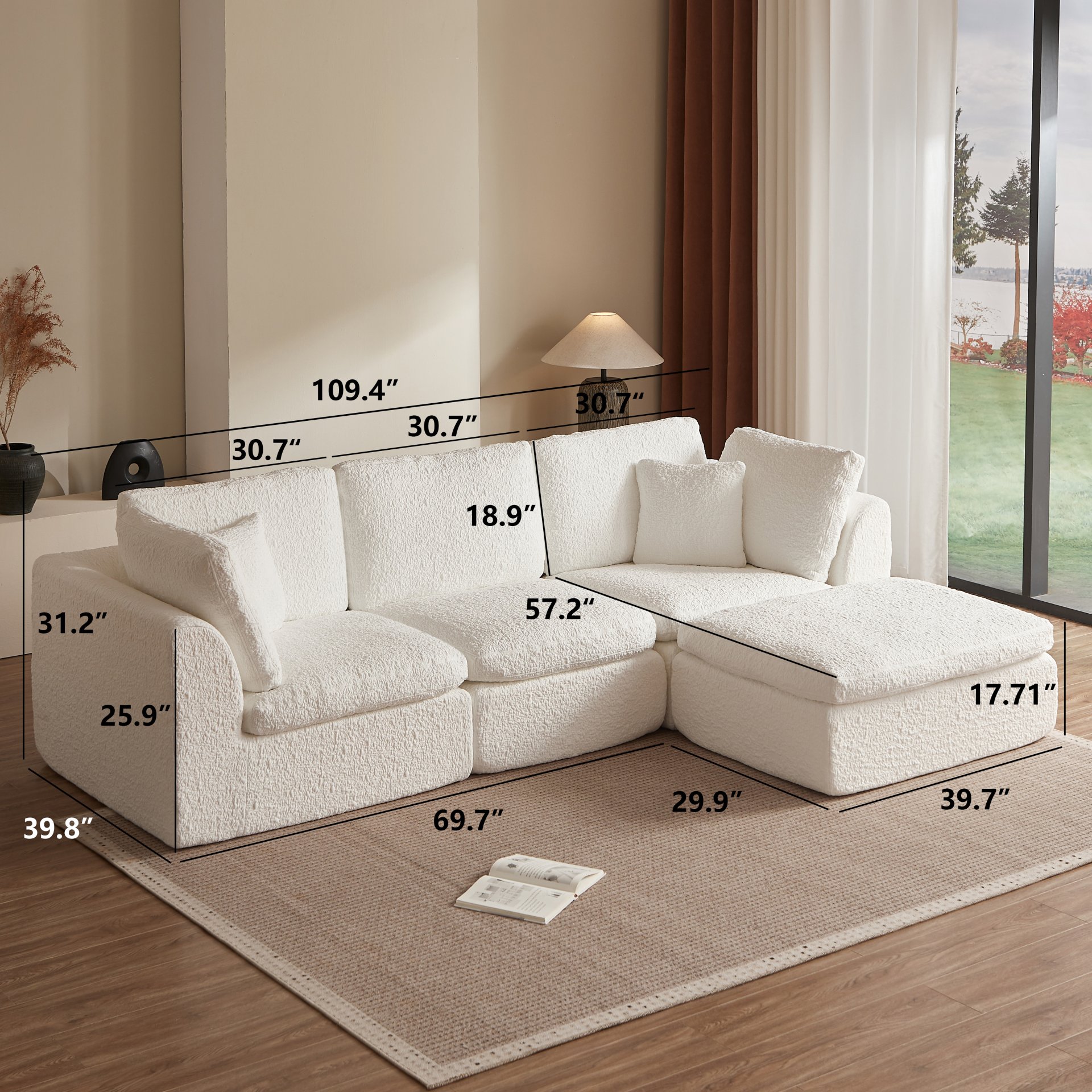 Cloud L Shape Modular Sectional Sofa With Ottoman, 3 Seater Convertible Couch - White - Image 3