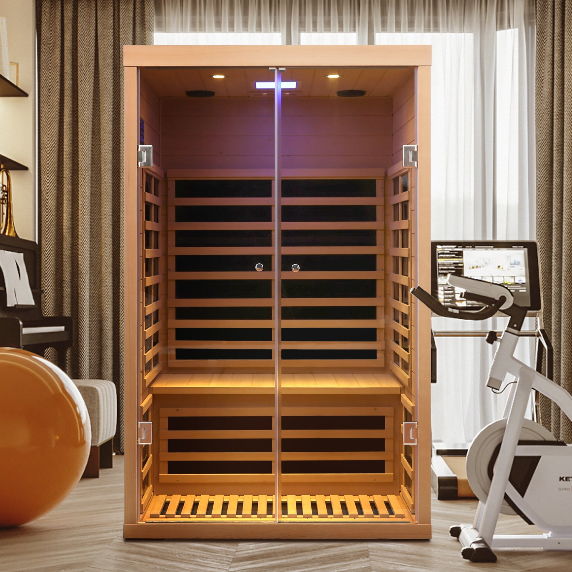 Low Emf 2 Person Wide Space Hemlock, Double Doors Great Glass Luxury Indoor Far Infrared Sauna Room - Natural Wood - Image 8