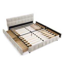 Modern Queen Size Upholstered Bed Frame With Headboard And Storage Drawer - Beige