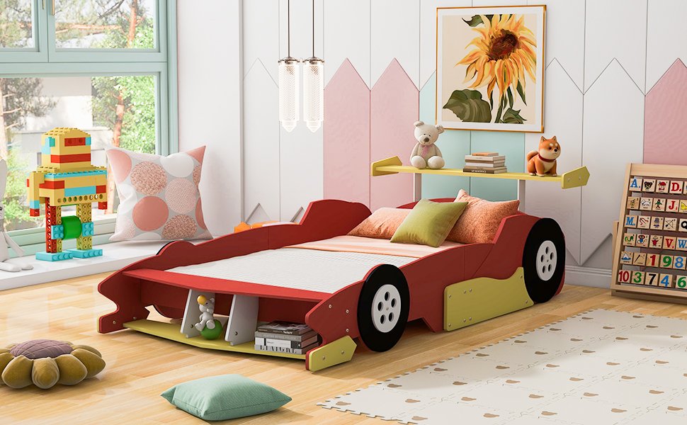 Full Size Race Car Shaped Platform Bed With Wheels - Red - Image 14