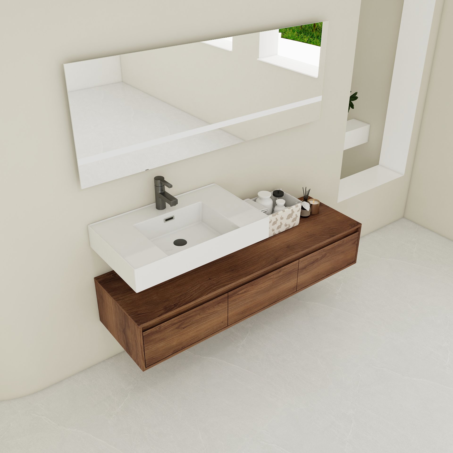 Modern Wall Mounted Bathroom Vanity With Resin Sink And Soft Close Drawer - Brown Ebony - Image 5