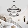 2 Tiers Wagon Wheel Chandelier Wooden Farmhouse 36 Light (24 / 12) Or (12 / 24) Metal Chandeliers 2 Story Light Fixtures Industrial For High Ceiling Living Dining Room Foyer, Adjustable Height - Black - Image 6
