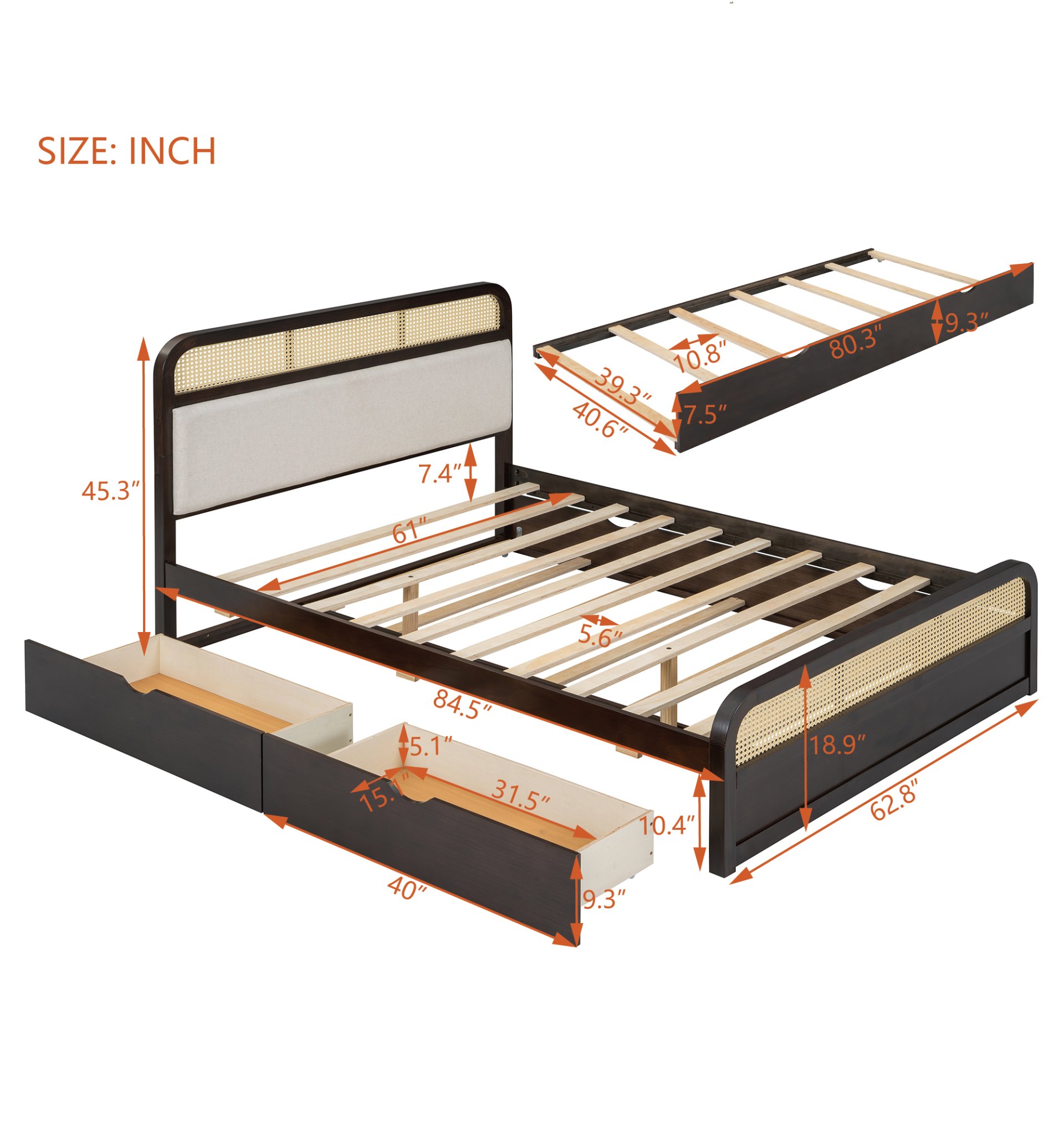 Queen Size Platform Bed With Trundle And 2 Drawers - Espresso - Image 14