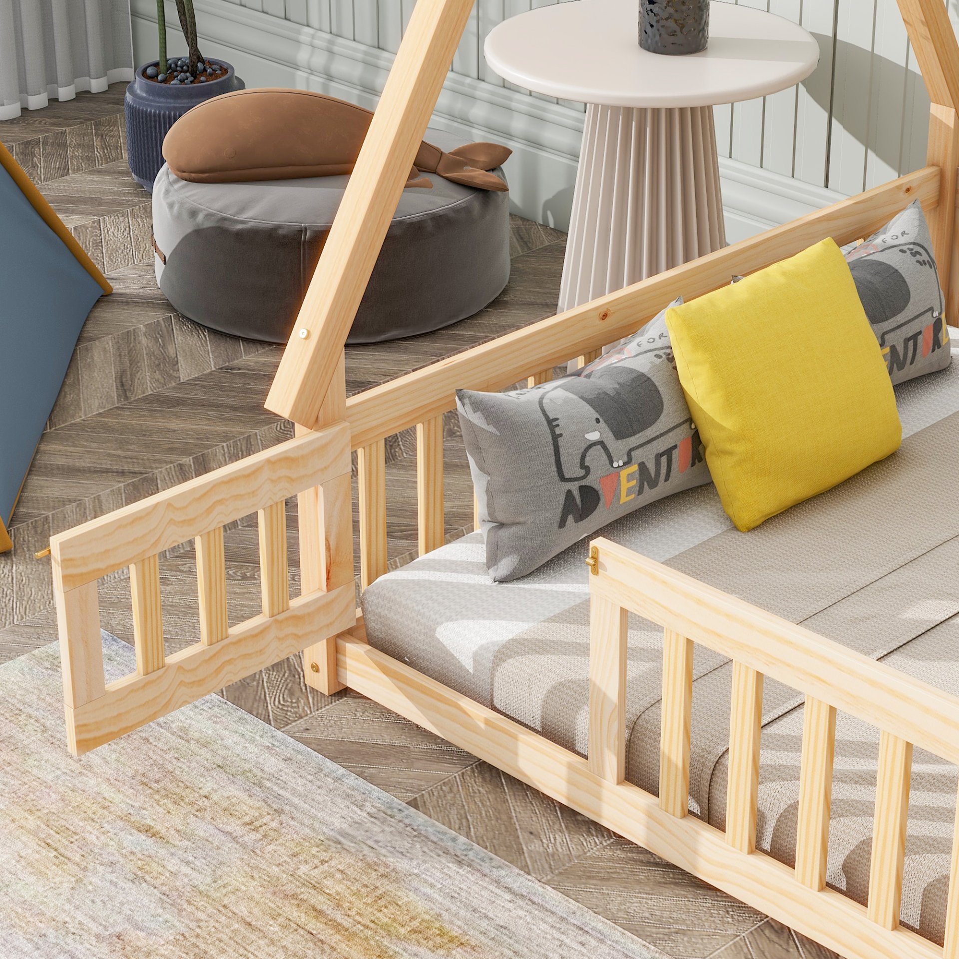 Full Tent-Shaped Floor Bed, With Guardrails, Slats, Door - Natural - Image 4