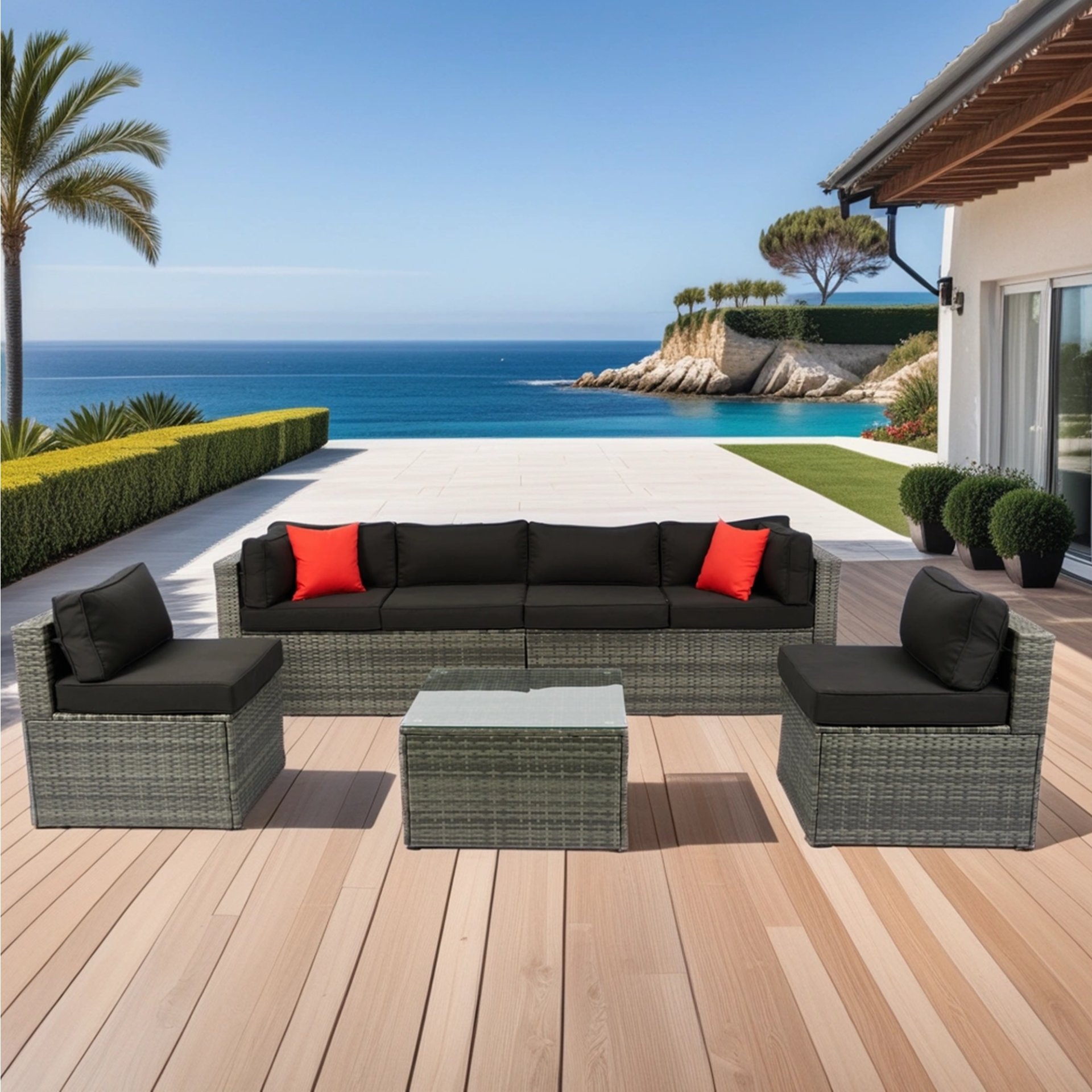 5 Pieces Rattan Sectional Outdoor Furniture Cushioned U Sof Set With 2 Pillow - Gray / Black - Image 5