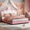 Full Size Upholstered Princess Bed & Crown Headboard, Full Size Platform Bed With Headboard And Footboard - White / Pink - Image 2