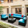 5 Pieces Rattan Sectional Outdoor Furniture Cushioned U Sof Set With 2 Pillow - Black / Blue - Image 5