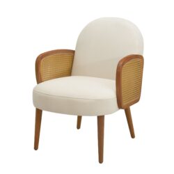 Mid Century Accent Chair With Rattan Armrests, Velvet Upholstery & Wooden Legs - Ivory