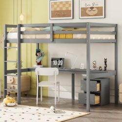 Twin Loft Wood Bed With Under-Bed, Built-In Desk, A Storage Cabinet Of 2 Drawers, Guardrails, Ladder - Gray