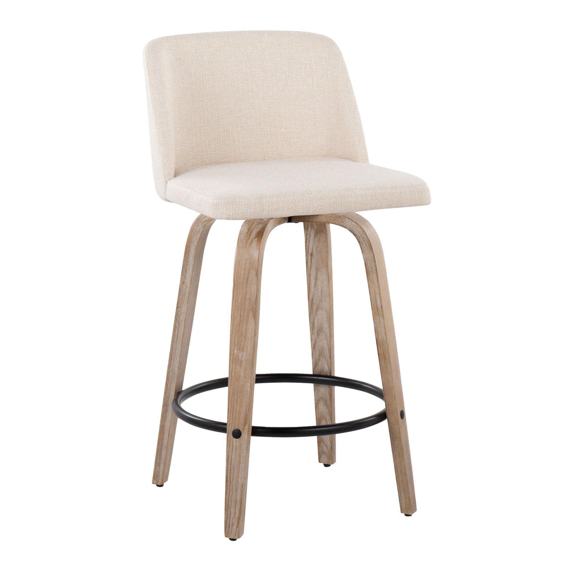 Toriano - Mid-Century Modern Fixed Height Counter Stool With Swivel With Round Footrest (Set of 2) - White Washed / Cream - Image 2