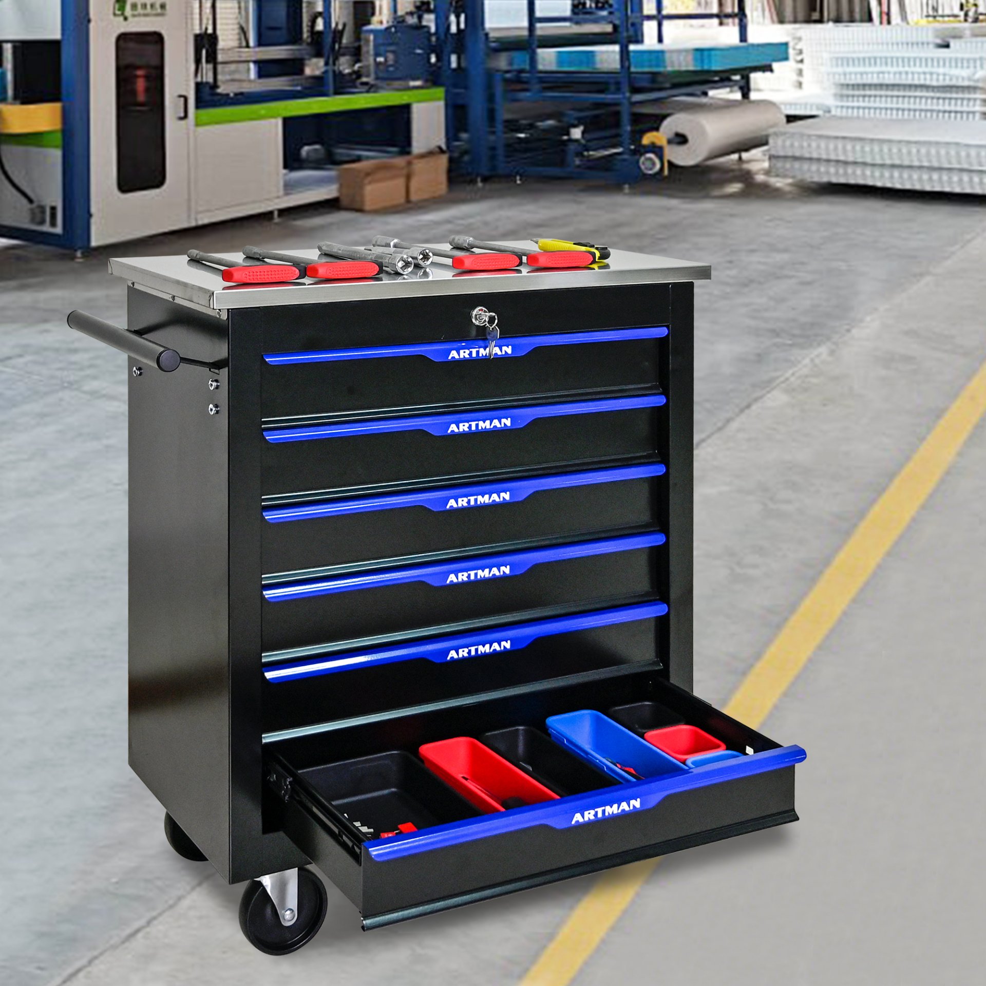 6 Drawer Multifunctional Tool Cart With Wheels - Black / Blue - Image 3