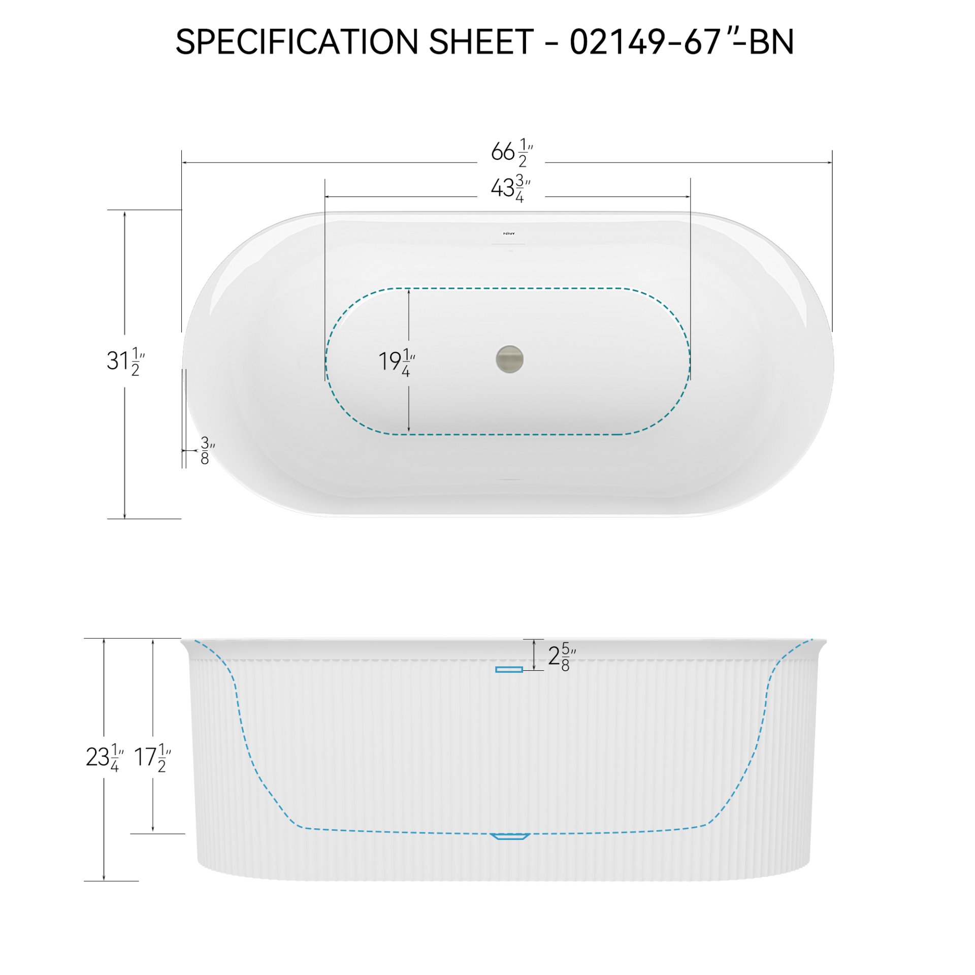 Acrylic Freestanding Bathtub-Acrylic Soaking Tubs, Fluted Style Freestanding Bathtub With Integrated Slotted Overflow And Brushed Nickel Toe-Tap Drain, 02149-Bn - Glossy White - Image 3